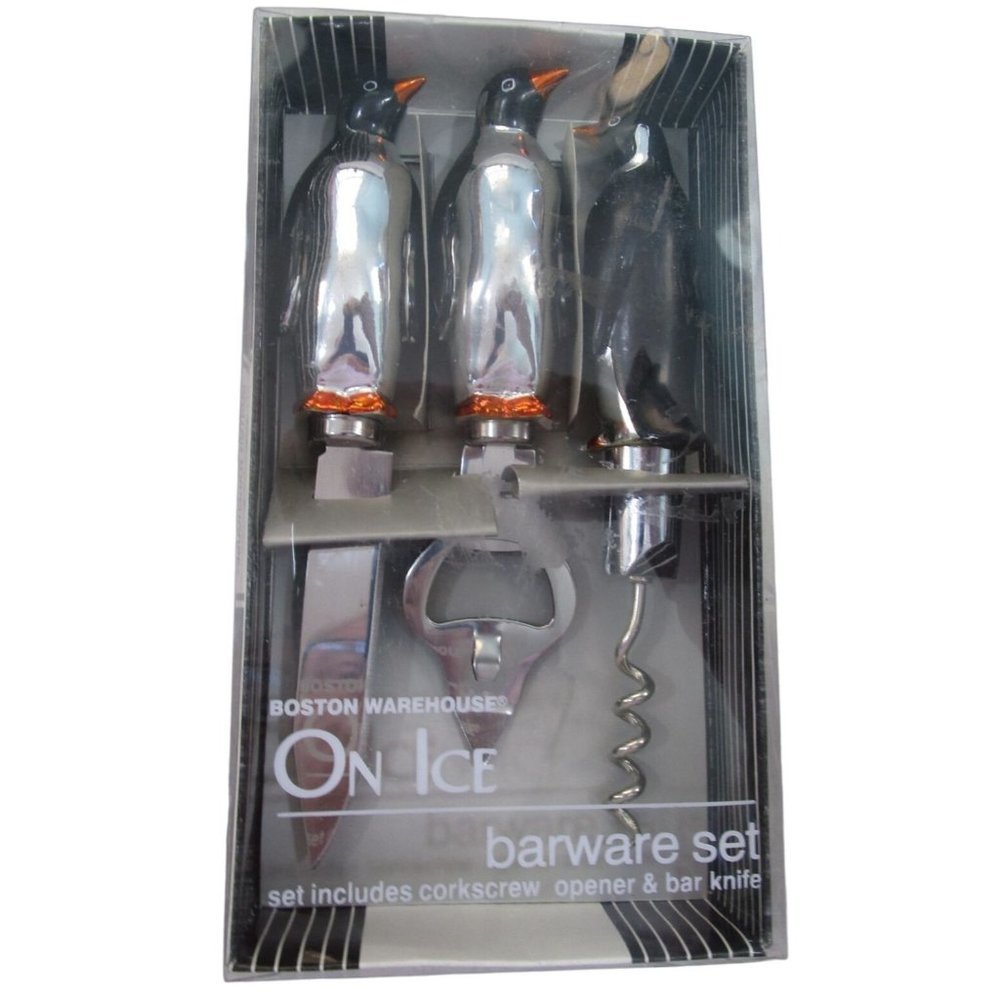 On Ice Penguin Barware Set Three Piece Bottle Opener Corkscrew Bar Knife